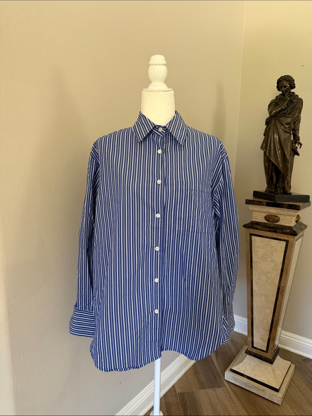 The Frankie Shop Blue and White Striped Button-Up Shirt